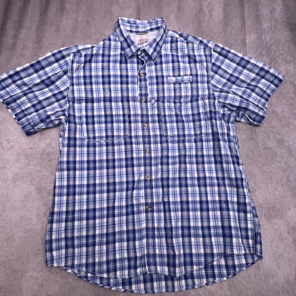IZOD Surfcaster Shirt Mens XL Blue Plaid Short Sleeve Fishing Button Up